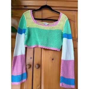 Sincerely Jules Pastel Colorblock Open-Knit Cropped Sweater – Size M